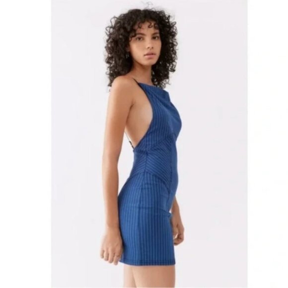 Urban Outfitters | Complex High Neck Mini Dress Blue Multi Pinstripe Stretch New - Picture 8 of 15